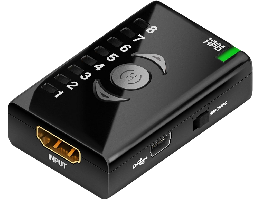 Lado de entrada do Dr HDMI com entrada HDMI, porta Mini-USB e interruptor HEAC/ARC