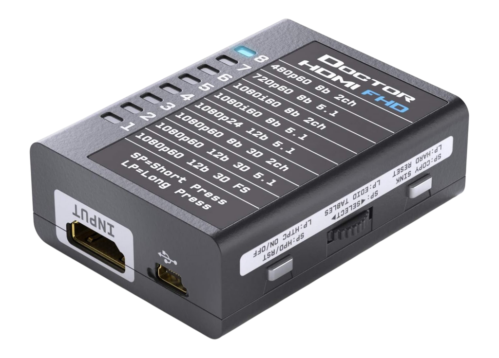 Lado de saída do Dr HDMI 4K, com a saída HDMI, a ficha RS232 e os botões copy sink e HPD