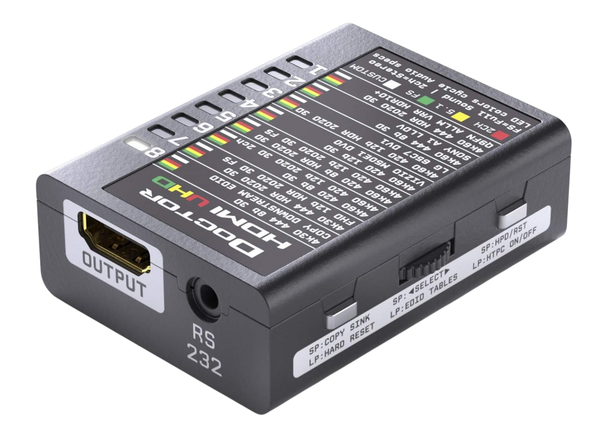 Dr HDMI 4K visto do lado da saída, com a tabela de bancos EDID UHD impressa na tampa