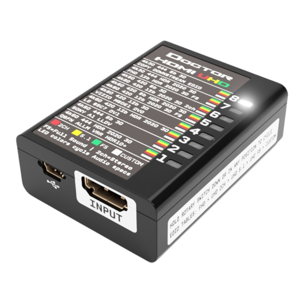 Lado de entrada do Dr HDMI 4K, com a entrada HDMI, a porta mini USB e a tabela EDID UHD em cima