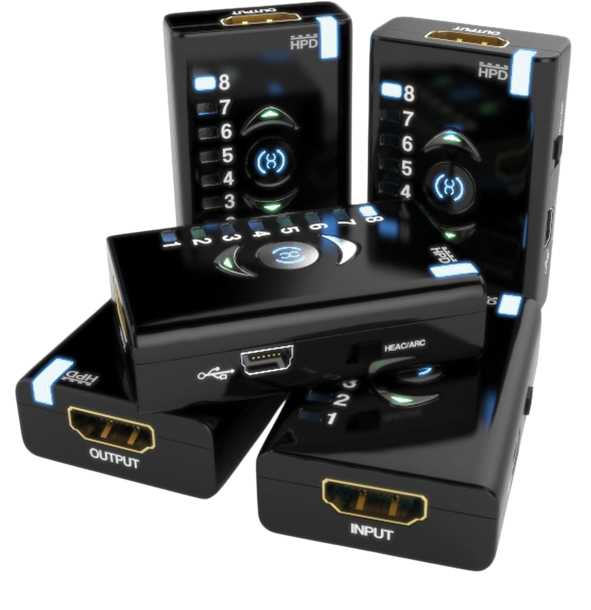 Cinco Dr HDMI de diferentes ângulos com entrada e saída HDMI, porta Mini-USB e interruptor HEAC/ARC