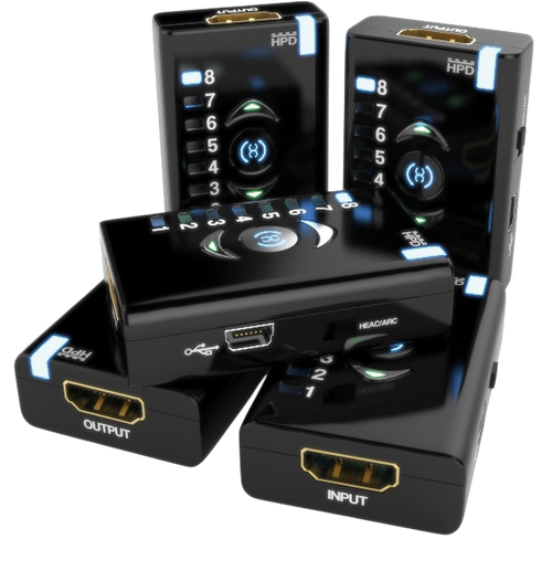 Cinco Dr HDMI de diferentes ângulos com entrada e saída HDMI, porta Mini-USB e interruptor HEAC/ARC