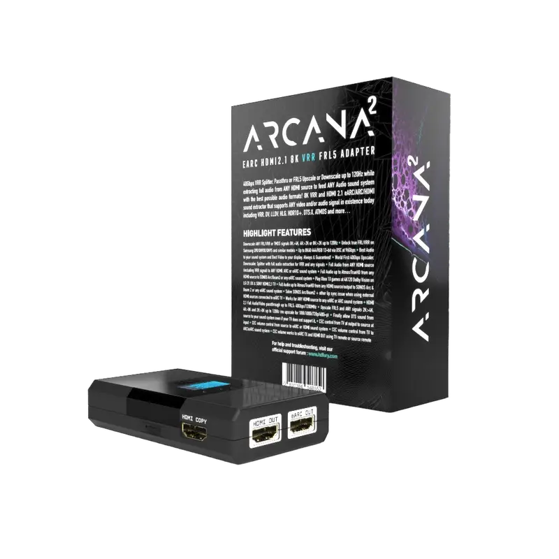 Ligações traseiras do HDfury Arcana 2: entrada HDMI, 2 saídas HDMI e saída eARC