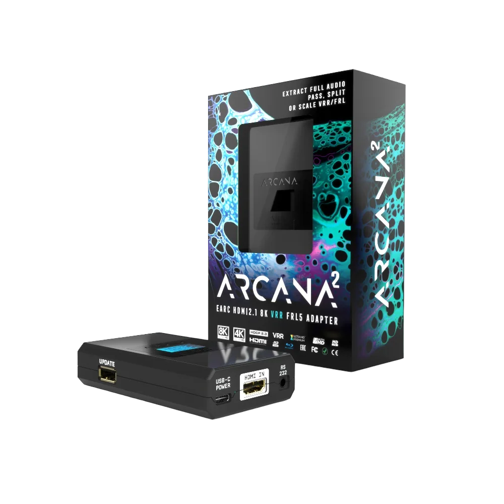 Adaptador eARC 8K HDfury Arcana 2, vista frontal com ecrã OLED