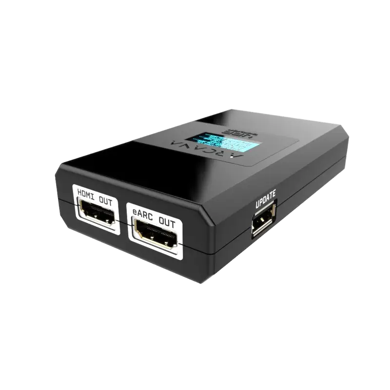 Ecrã OLED do HDfury Arcana 2 com informação do sinal 4K120 VRR