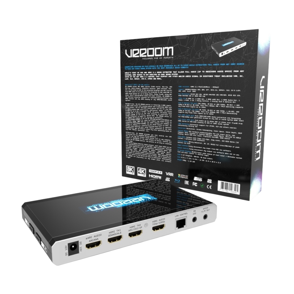 Parte de trás da caixa do HDfury VRROOM com as principais características e especificações