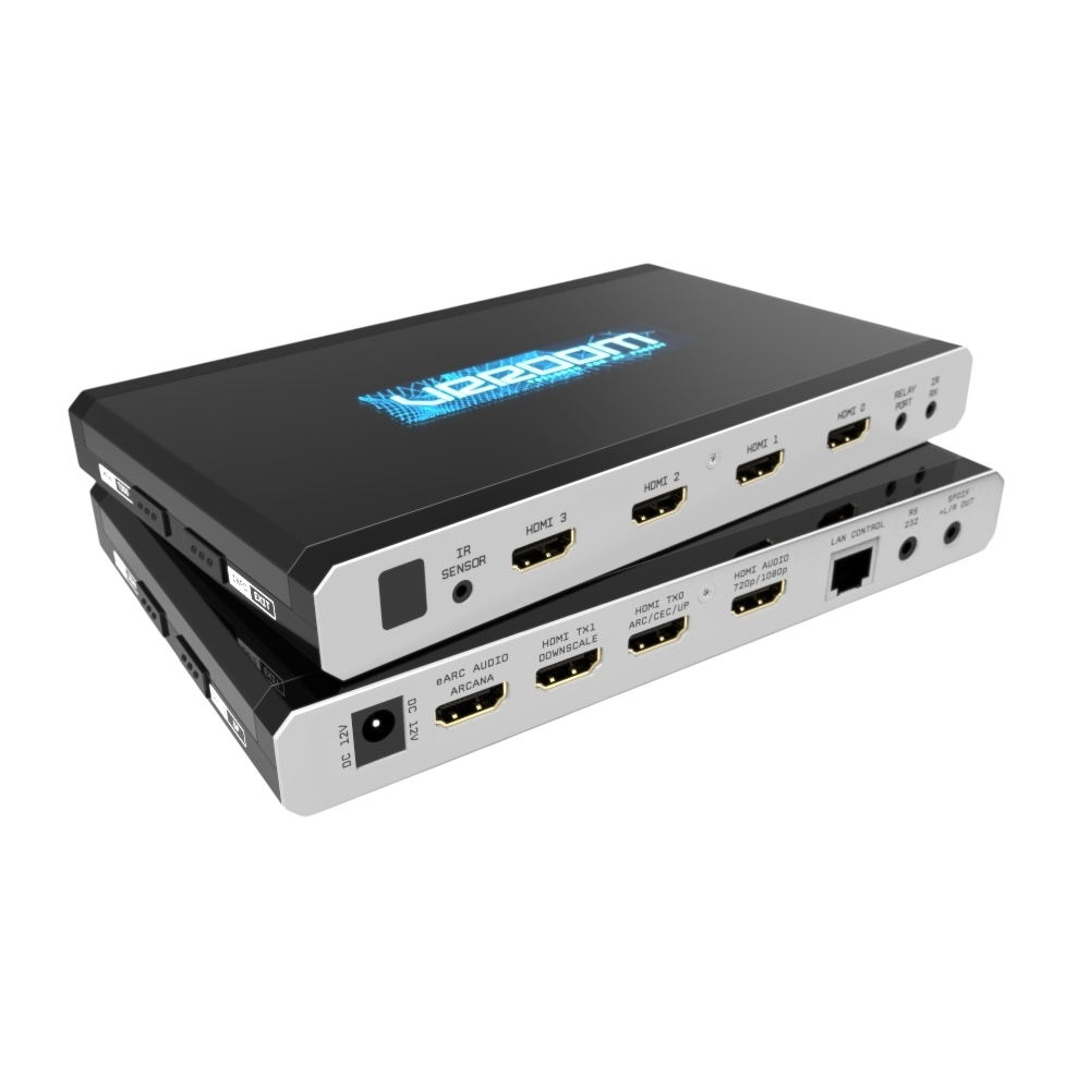 Matriz, escalador e extrator de áudio eARC HDMI 2.1 8K HDfury VRROOM, vista frontal com ecrã OLED