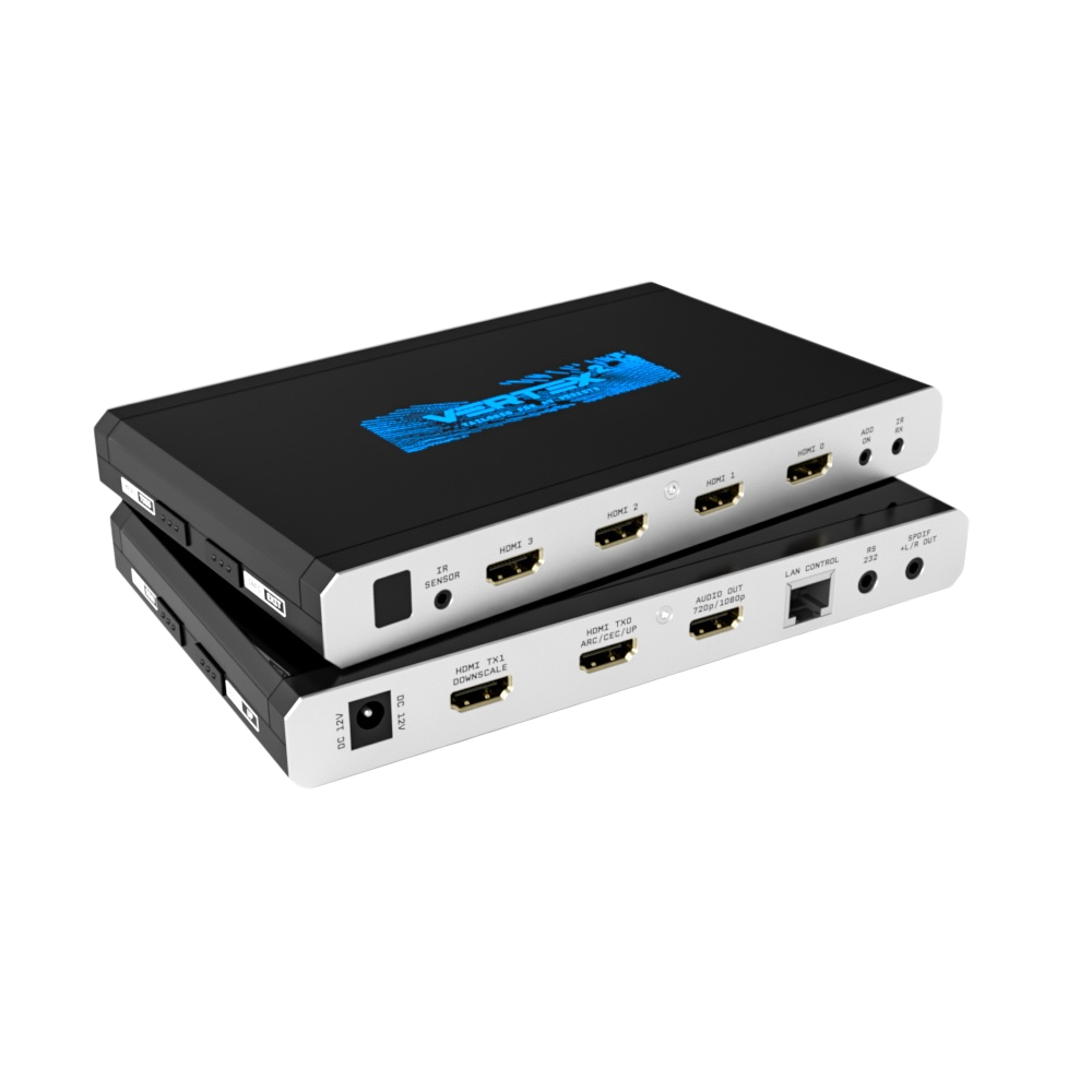 Matriz HDMI 4x2 HDfury Vertex 2 mostrada duas vezes, empilhada: em cima as quatro entradas HDMI e, em baixo, as saídas do scaler TX0 e TX1, a saída do extrator de áudio, LAN, RS232 e S/PDIF
