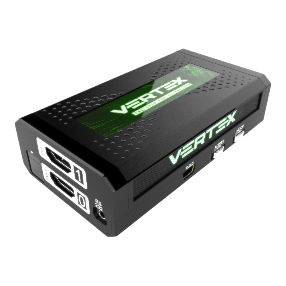 HDfury Vertex, matriz HDMI 2x2 e scaler 4K 18Gbps com OLED, entradas HDMI, RS232, mini USB, interruptores AUDIO e HDCP