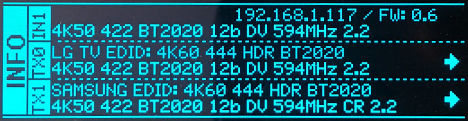 Ecrã OLED de informação do HDfury Vertex 2 a mostrar o endereço IP 192.168.1.117, o firmware 0.6, o sinal de entrada 4K50 4:2:2 12 bits Dolby Vision e o que o scaler envia para os ecrãs LG e Samsung em TX0 e TX1