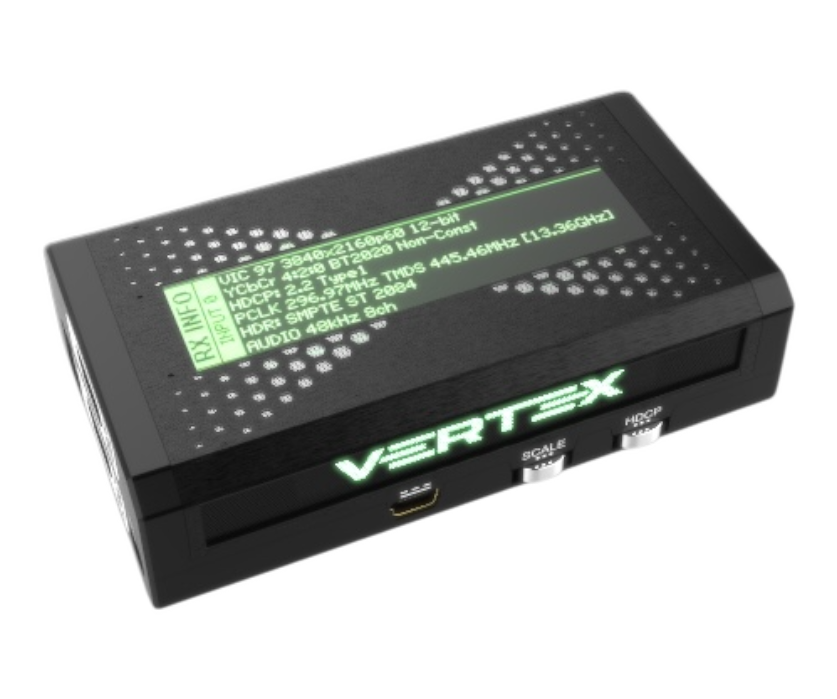 RX INFO do HDfury Vertex no OLED: 3840x2160p60 12-bit, YCbCr 4:2:0 BT2020, HDCP 2.2, HDR SMPTE ST 2084, áudio de 8 canais