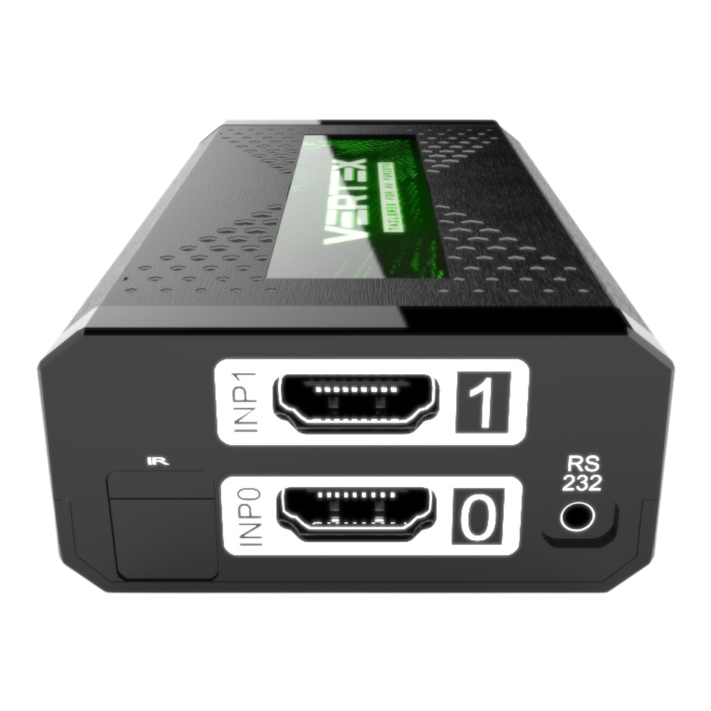 Lado das entradas do HDfury Vertex: entradas HDMI INP0 e INP1, recetor IR e porta RS232