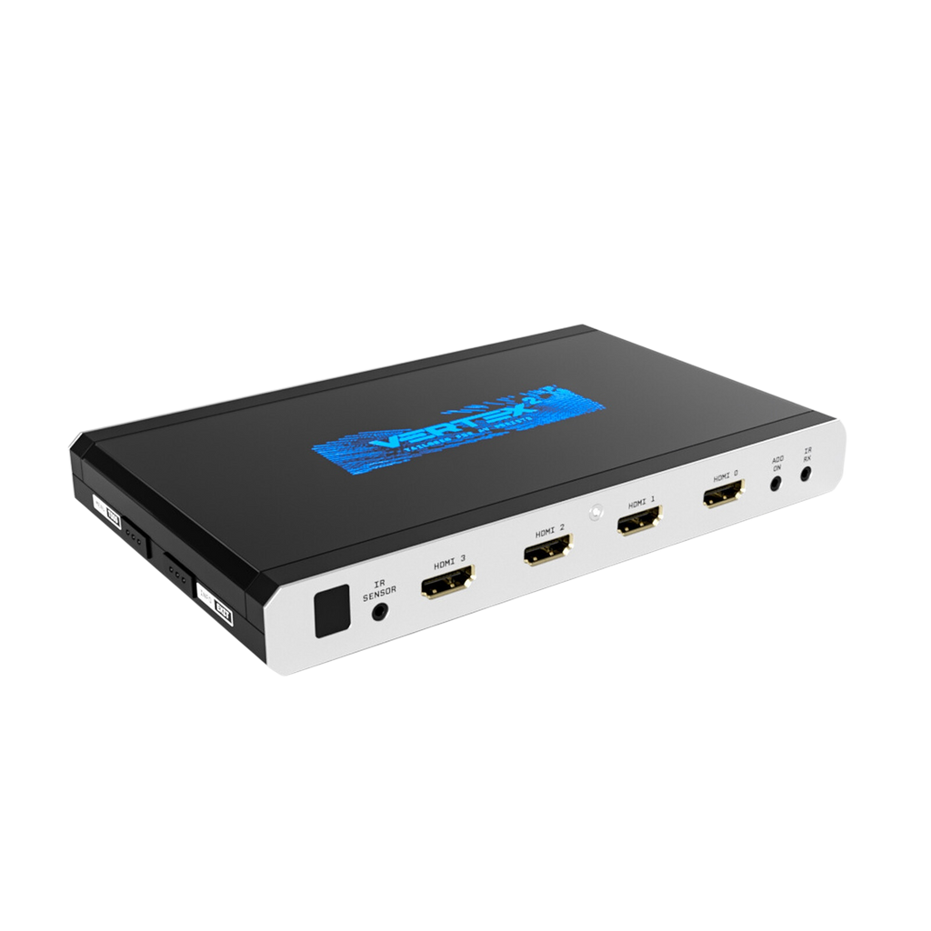 Matriz, splitter e scaler HDMI 4x2 HDfury Vertex 2 sobre fundo branco, a mostrar as quatro entradas HDMI a 18Gbps e o logótipo azul Vertex 2 na tampa