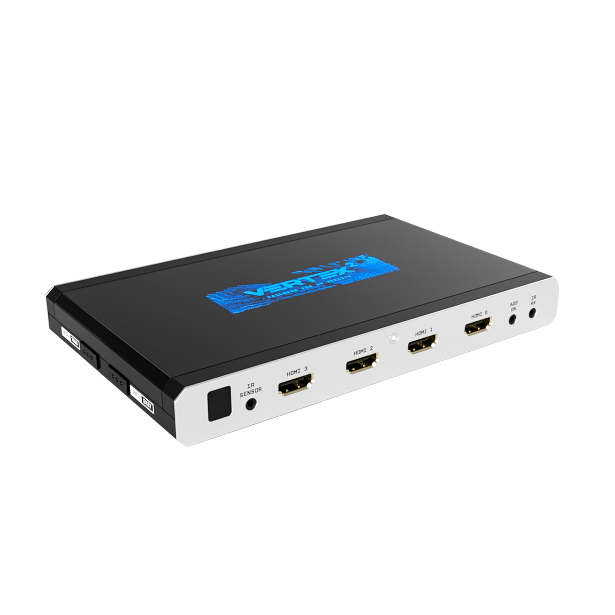 Matriz, splitter e scaler HDMI 4x2 HDfury Vertex 2 sobre fundo branco, a mostrar as quatro entradas HDMI a 18Gbps e o logótipo azul Vertex 2 na tampa