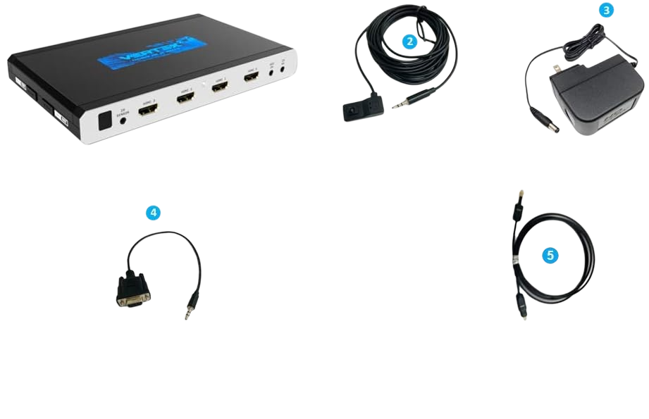 O que vem na caixa do HDfury Vertex 2: a unidade, o cabo recetor IR, a fonte de alimentação de 12V, o cabo RS232 e o cabo ótico