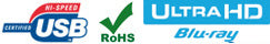 Logótipos USB Certified Hi-Speed, RoHS e Ultra HD Blu-ray