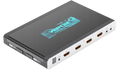 Matriz e switcher HDMI HDfury Vertex 2 vistos de cima em ângulo, lado das entradas: sensor IR, quatro entradas HDMI numeradas de 0 a 3, fichas add-on e IR RX