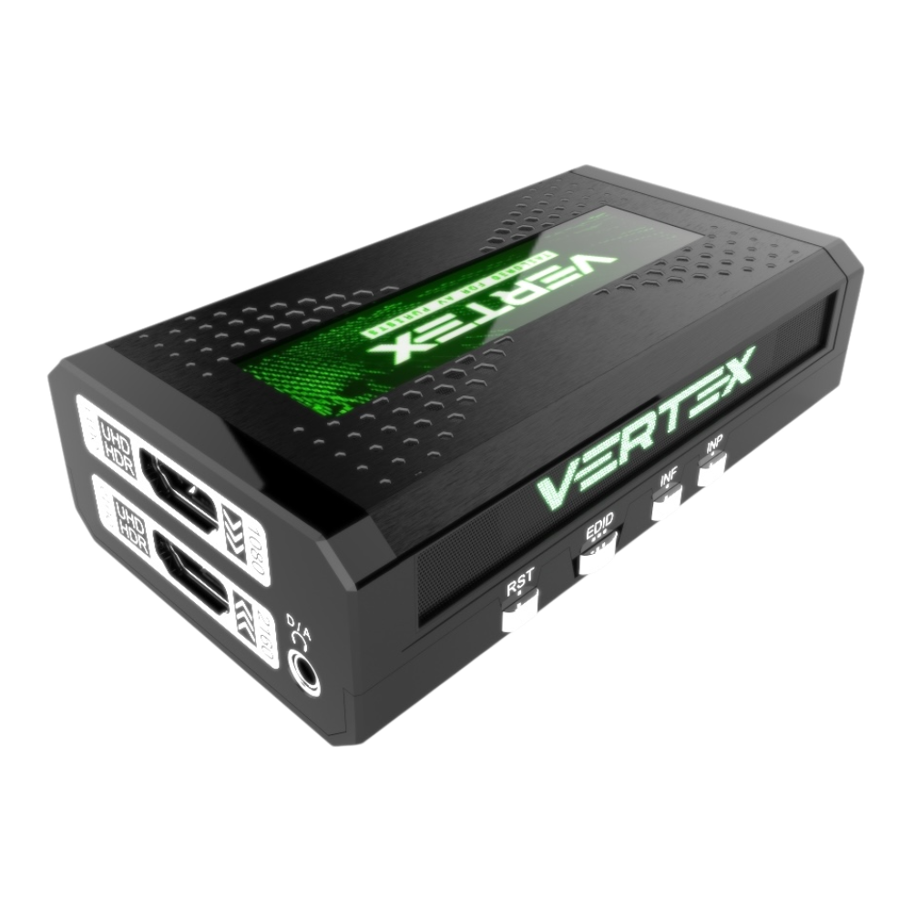 HDfury Vertex, splitter e scaler HDMI 2.0b: saídas HDMI, ficha de áudio D/A e comandos RST, EDID, INF e INP