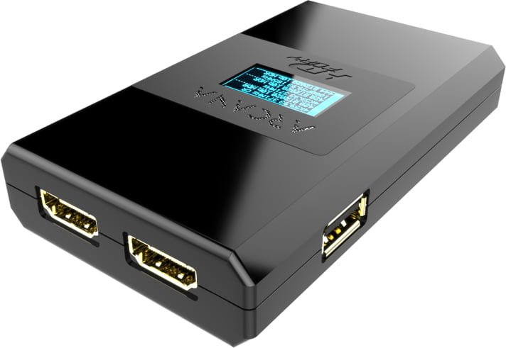 Adaptador eARC HDfury Arcana, vista frontal com ecrã OLED