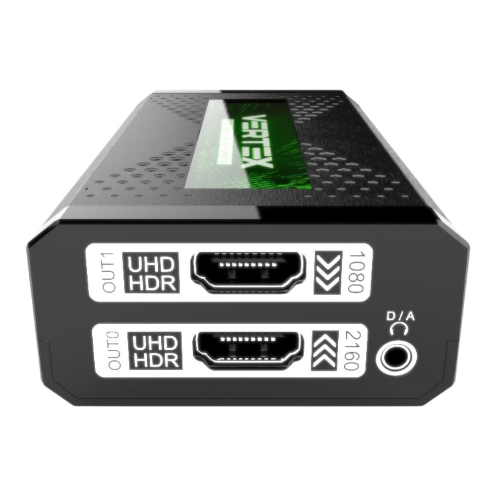 Saídas do HDfury Vertex: OUT1 UHD HDR com downscale para 1080p, OUT0 UHD HDR com upscale para 2160p e ficha de áudio D/A