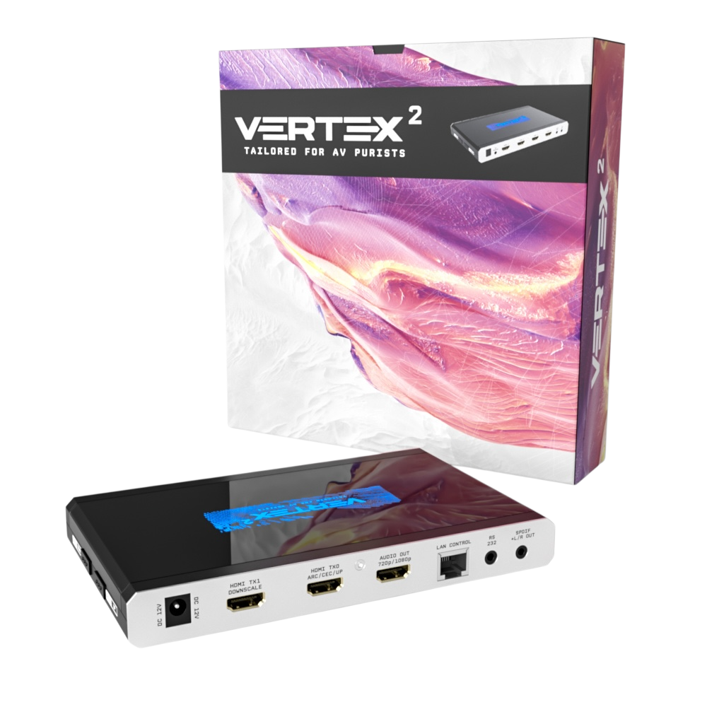Caixa de venda do HDfury Vertex 2 ao lado da unidade, com as saídas do scaler TX0 e TX1 e a saída de áudio à vista