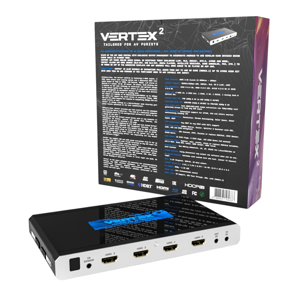 Verso da caixa de venda do HDfury Vertex 2 com o texto completo das especificações, ao lado da unidade que mostra as suas quatro entradas de matriz HDMI